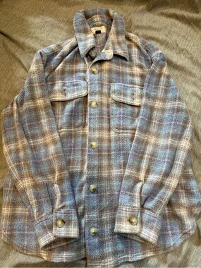 American Eagle Women’s Plaid Button-Up Wool Blend Jacket Shirt - Blue & Gray